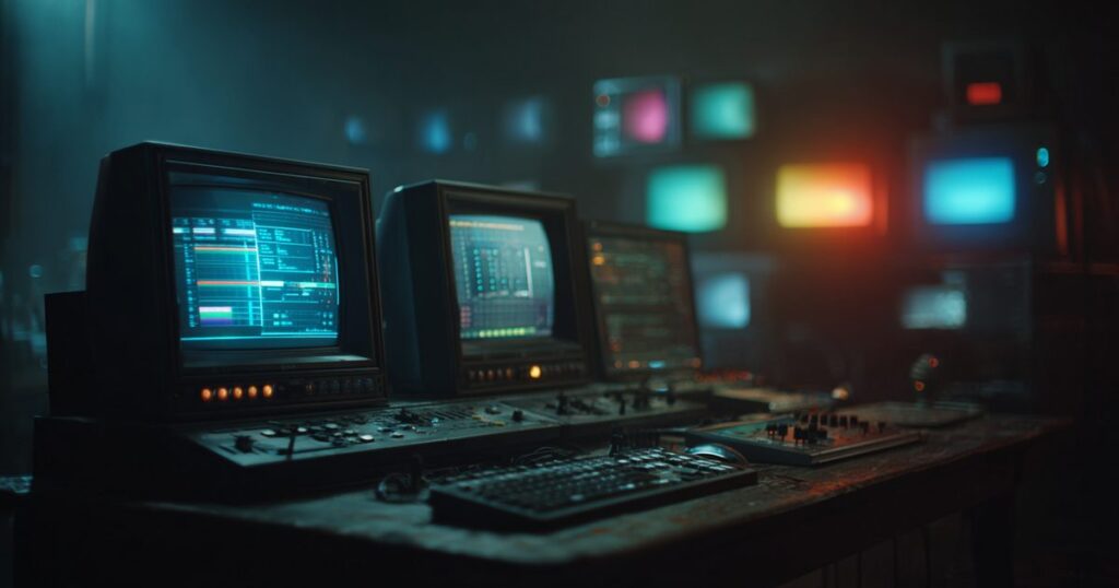 Monitors glowing in a darkened control room, one showing a blue interface