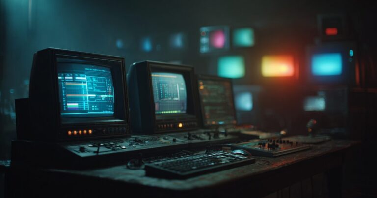 Monitors glowing in a darkened control room, one showing a blue interface