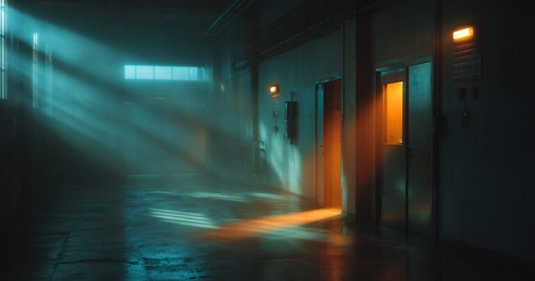 Light falling through a dark corridor between equipment bays