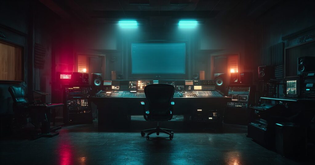 A darkened control room with a single blank screen lit