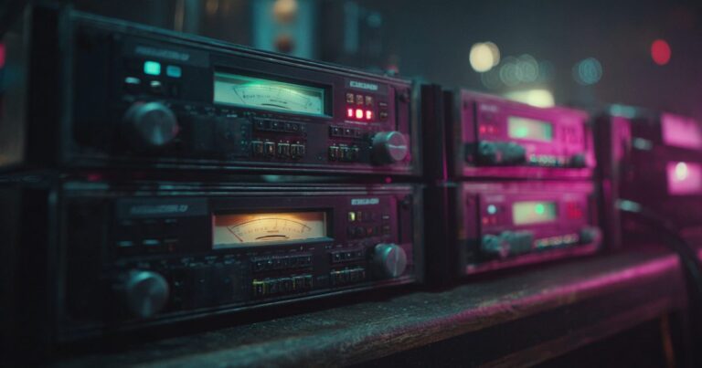 Two audio interfaces stacked in a dark equipment rack, meters lit