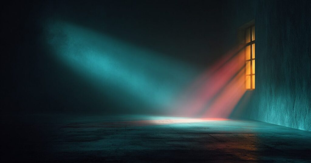 A projector beam falling across a bare wall in an empty hall