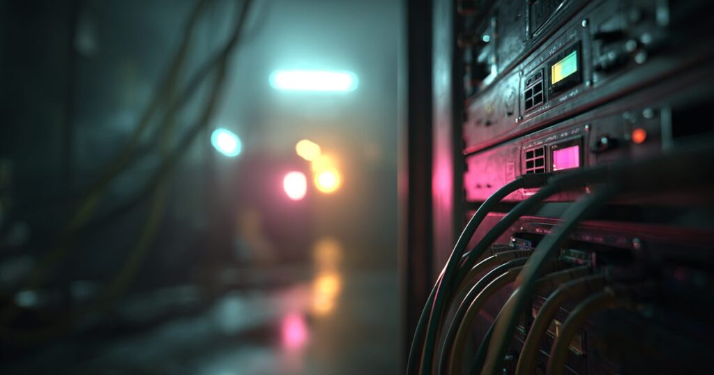 An equipment rack bay in a dark room with status lights and dressed cabling