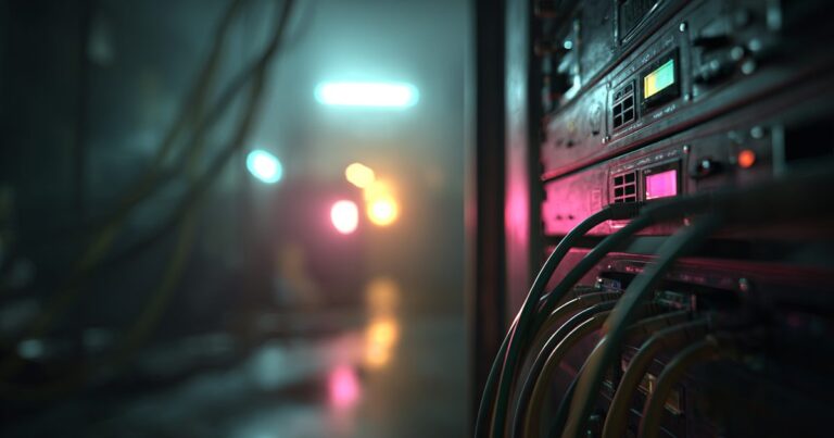 An equipment rack bay in a dark room with status lights and dressed cabling