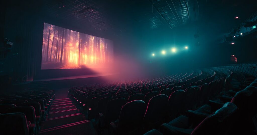 A darkened auditorium with a large screen and a smaller side screen lit