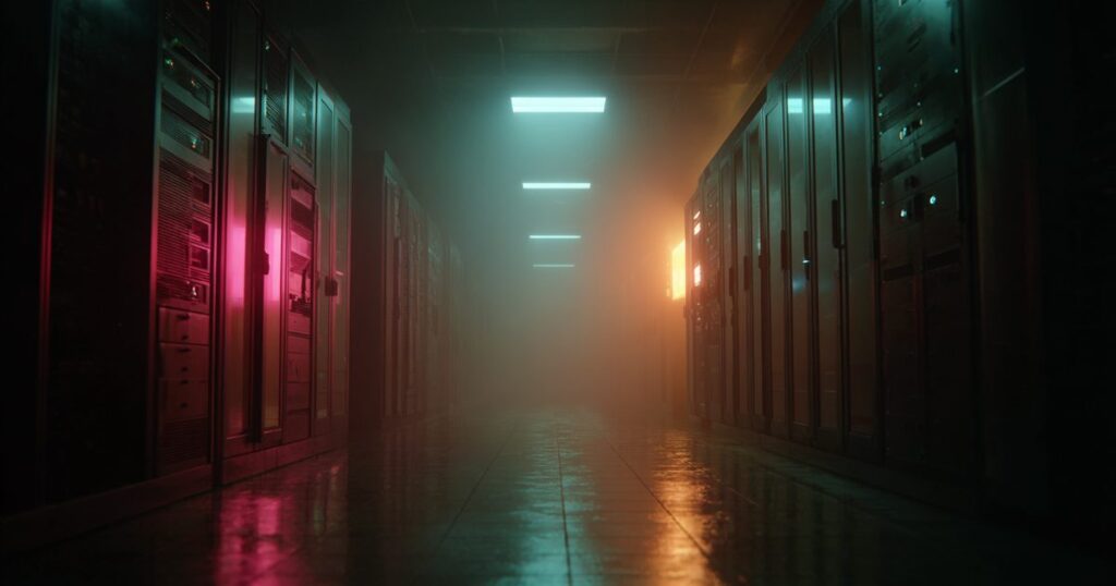 A long dark corridor of equipment racks lit in stages