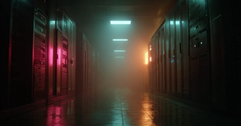 A long dark corridor of equipment racks lit in stages