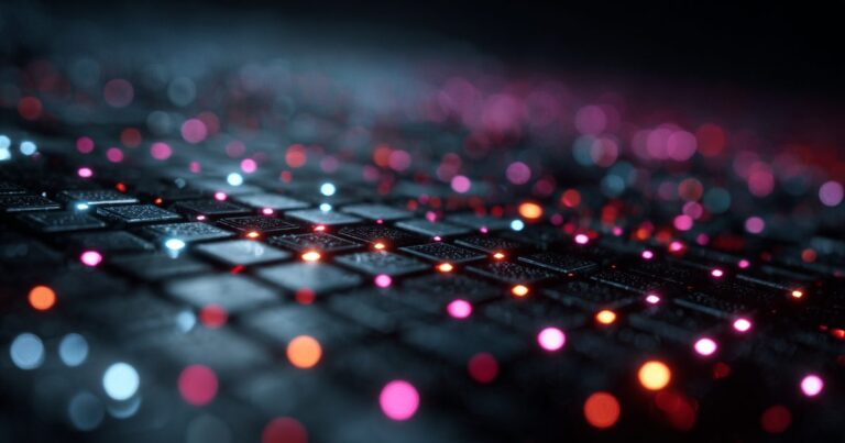 An ordered grid of glowing connection points in darkness