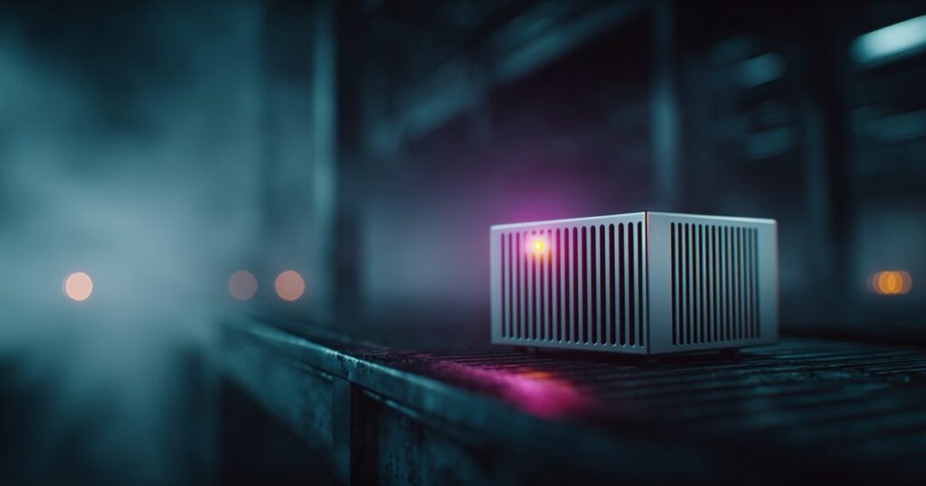 A small aluminium computer on a dark rack shelf with one status light
