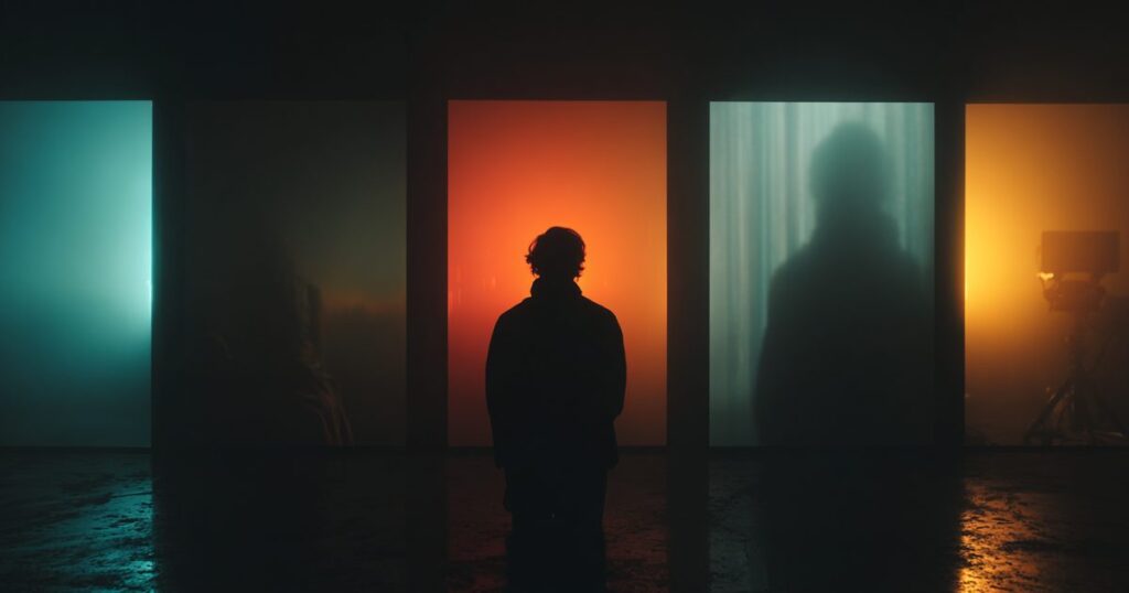 A silhouetted operator in front of several differently lit screens