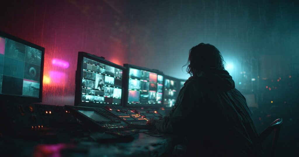 A streaming operator position at night lit by multiple monitors