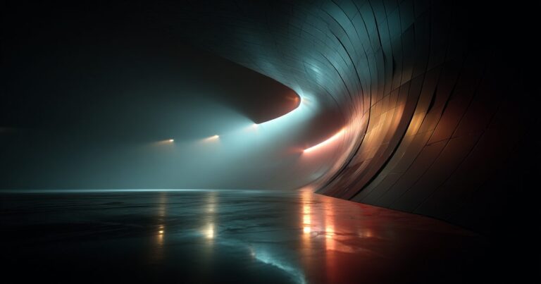 A sweep of projected light bending across a large curved surface