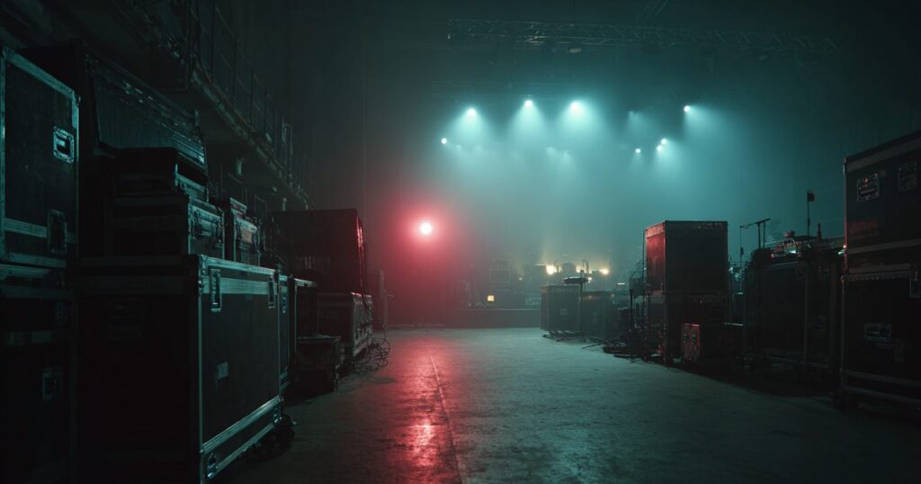 Packed flight cases in a dark venue after a show