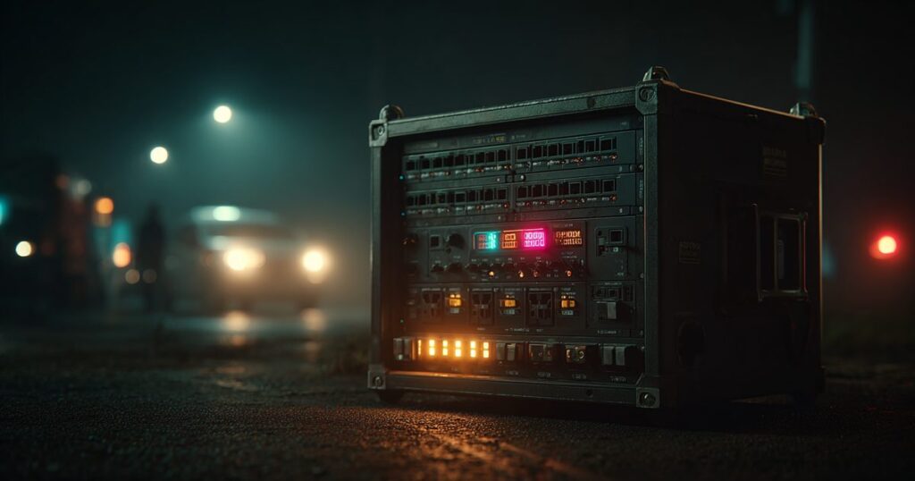 A network switch in a dark road case with port lights lit