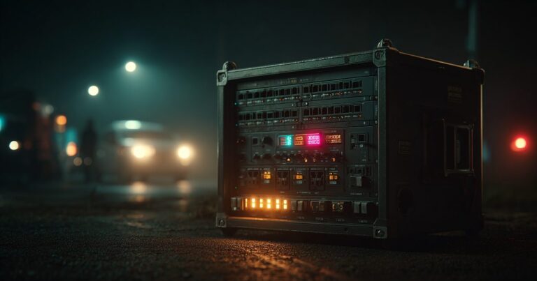 A network switch in a dark road case with port lights lit