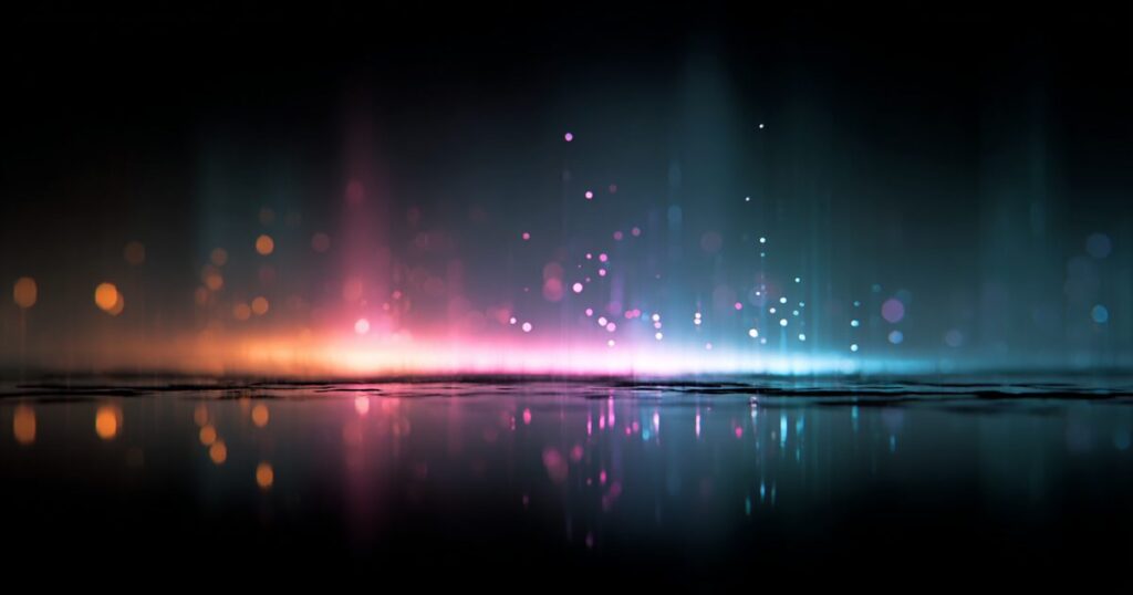 An abstract particle field glowing violet above a reflective floor