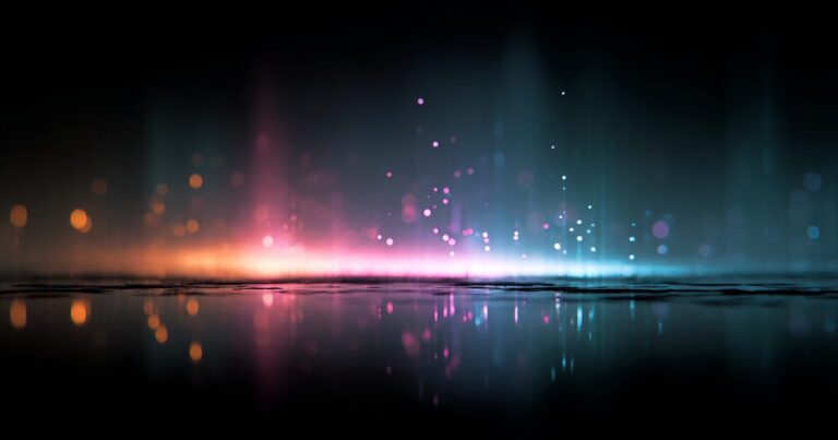 An abstract particle field glowing violet above a reflective floor
